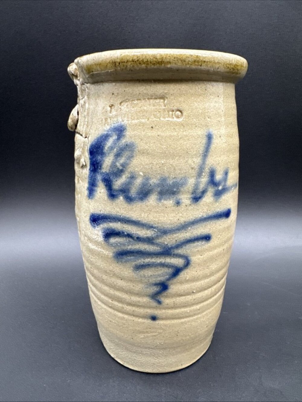 VTG B Stebner Pottery Stoneware 7” Crock Plumbs Jar Salt Glaze Cobalt Blue READ
